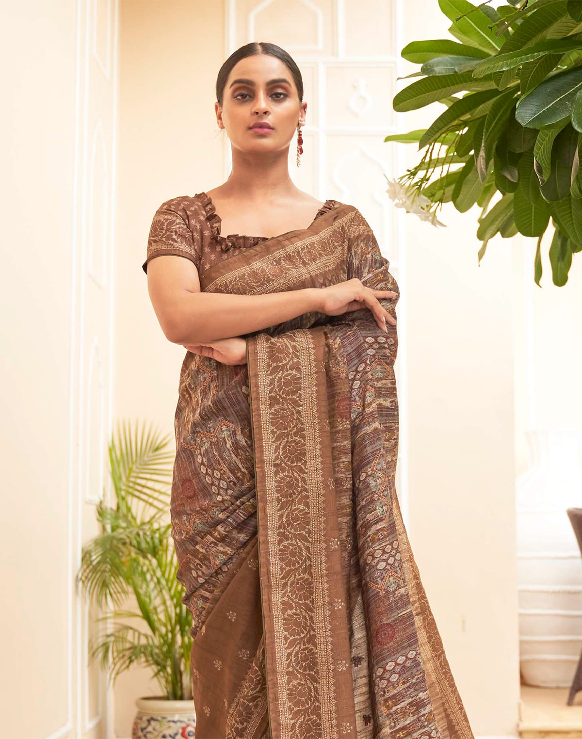 Collection of Brown Graphic design Jute Silk Saree in a gallery layout