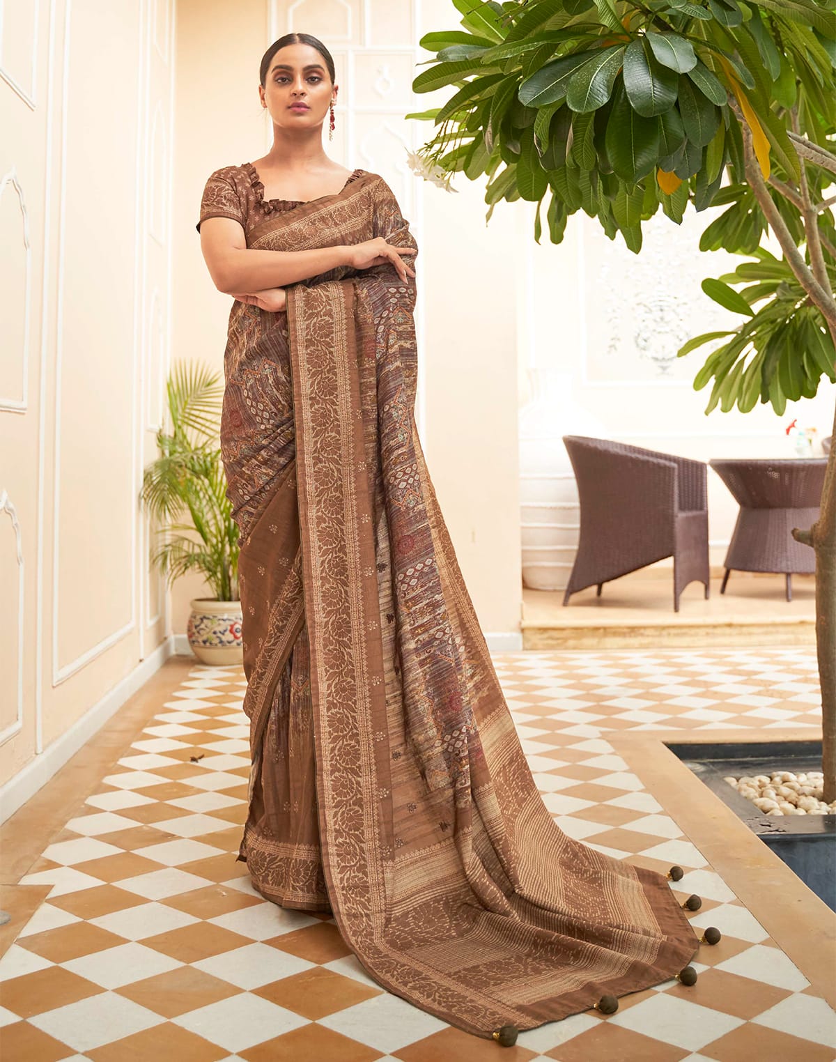 Collection of Brown Graphic design Jute Silk Saree in a gallery layout