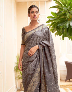 Collection of Grey Floral Jute Silk Fancy Saree in a gallery layout