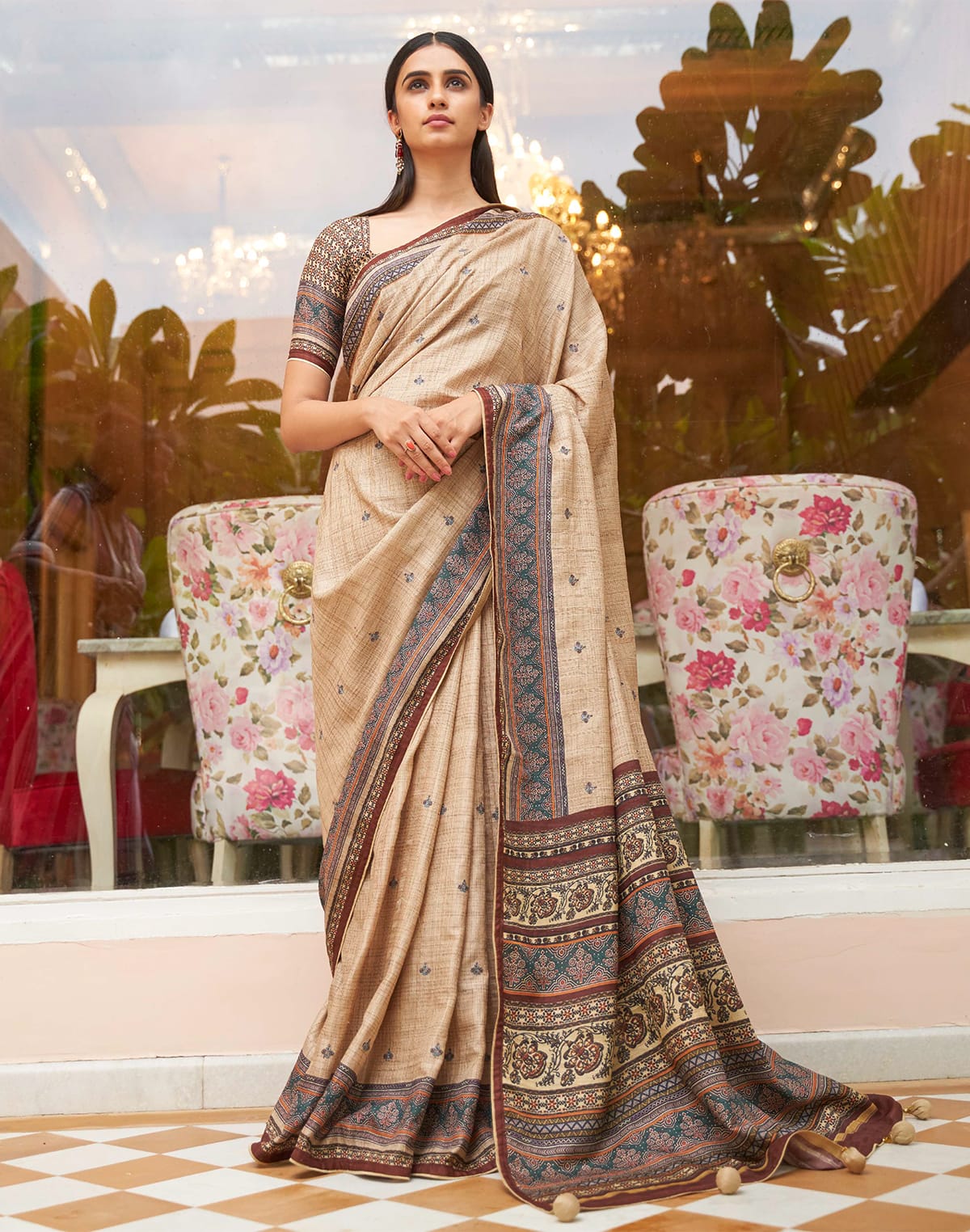 Cream Jute Silk Saree with Broad Border