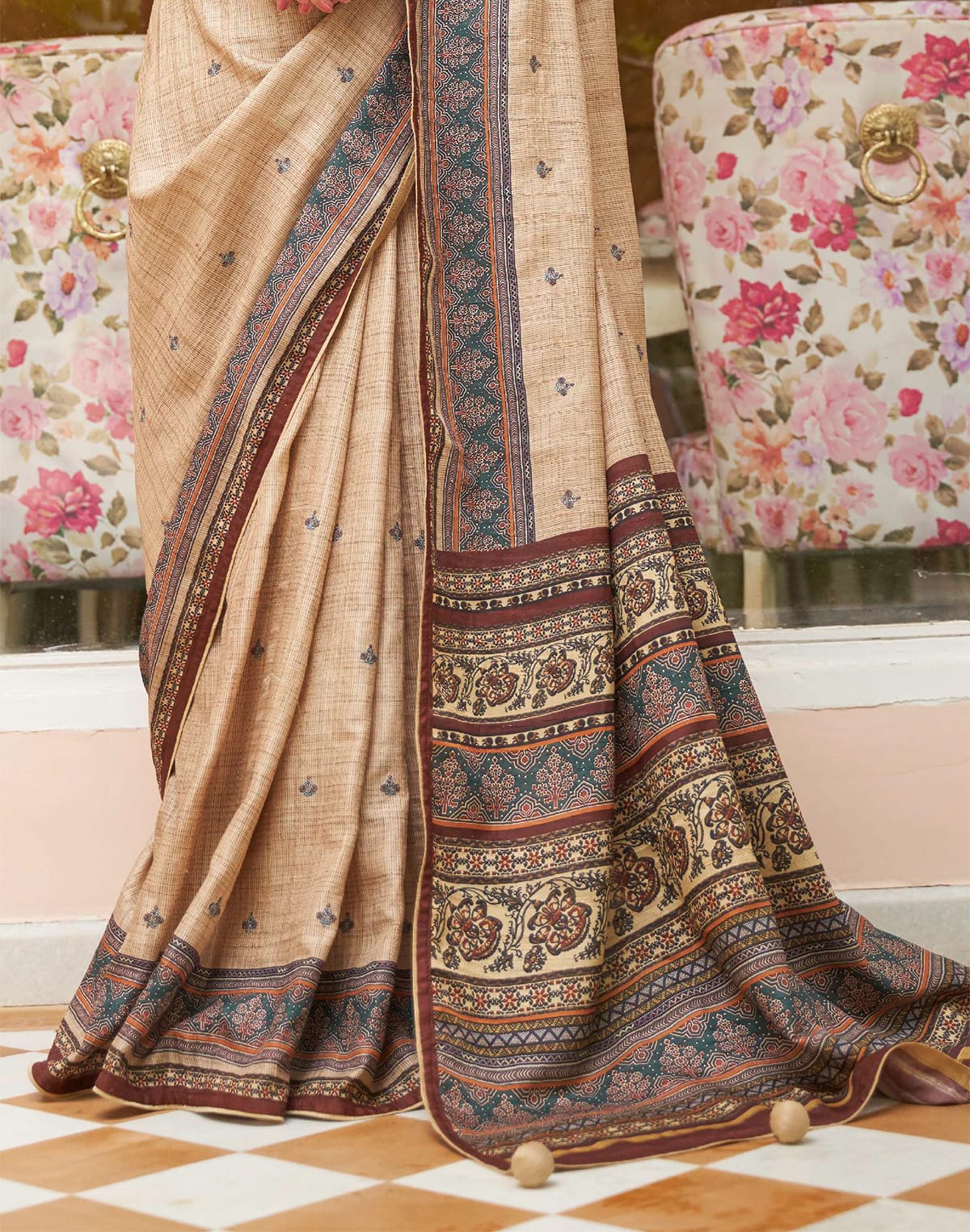 Collection of Cream Jute Silk Saree with Broad Border in a gallery layout