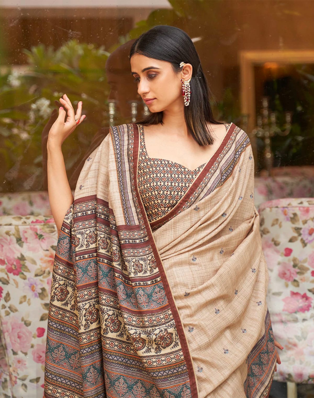 Cream Jute Silk Saree with Broad Border