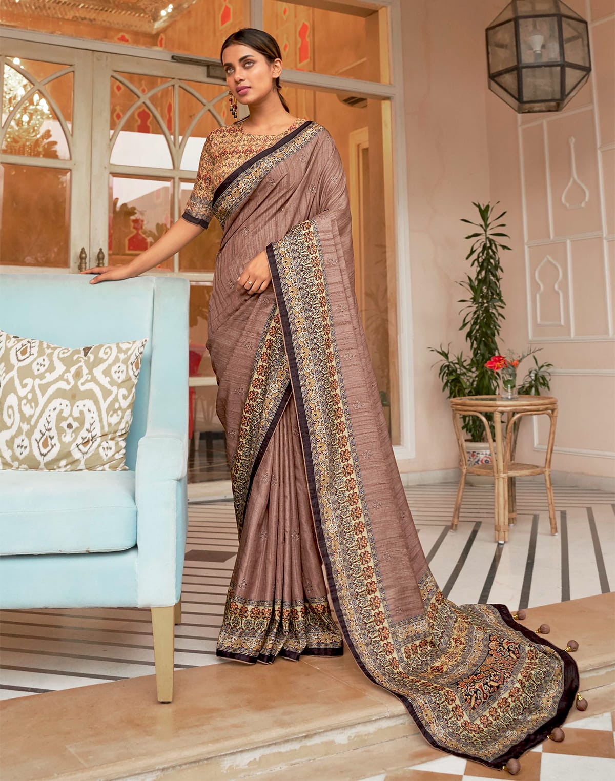 Collection of Light Brown Floral  Jute Silk Saree in a gallery layout