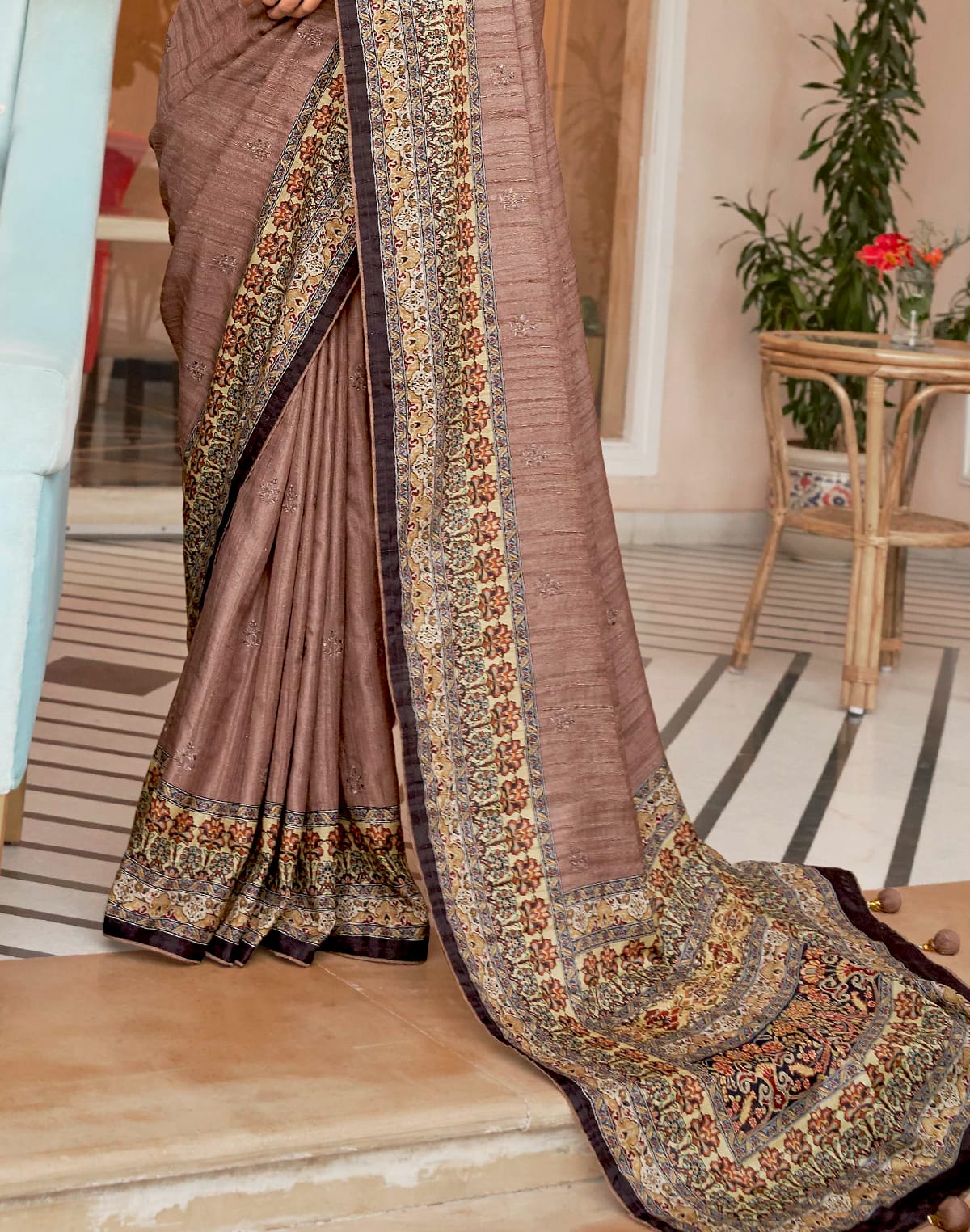 Light Brown Floral  Jute Silk Saree