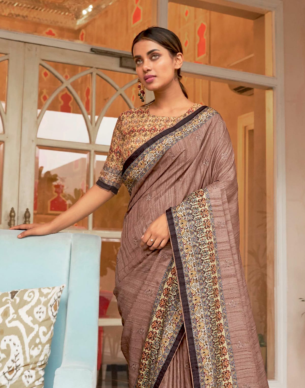 Collection of Light Brown Floral  Jute Silk Saree in a gallery layout