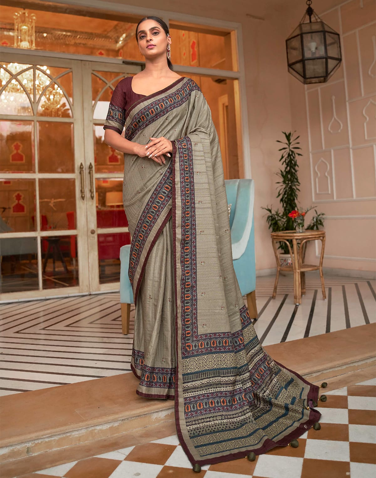 Grey and Maroon Jute Silk Saree