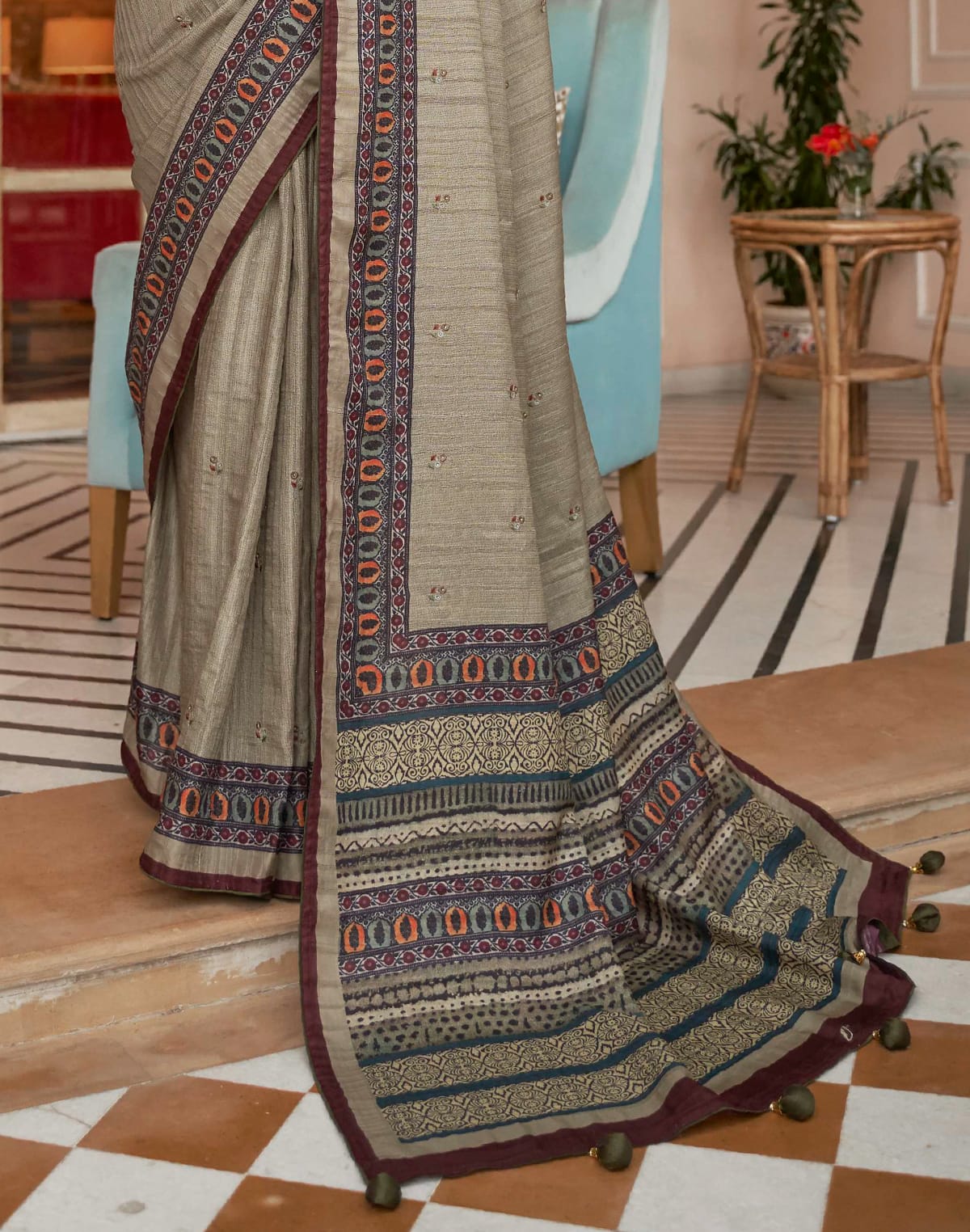 Collection of Grey and Maroon Jute Silk Saree in a gallery layout