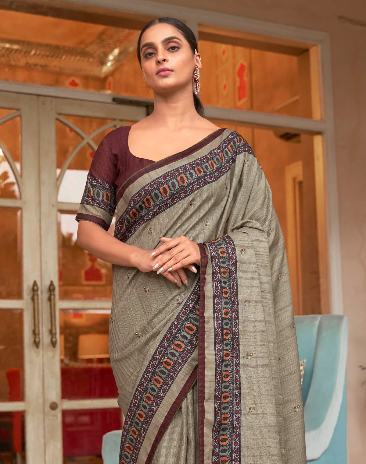 Collection of Grey and Maroon Jute Silk Saree in a gallery layout