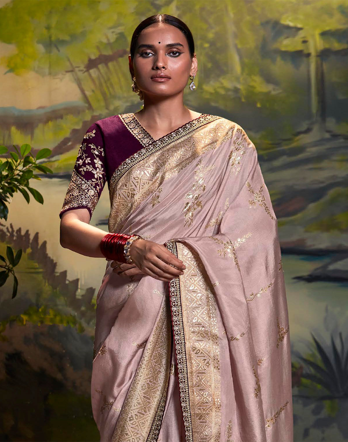 Collection of Light Purple Pure Dola Silk Saree With Fancy Lace Border in a gallery layout