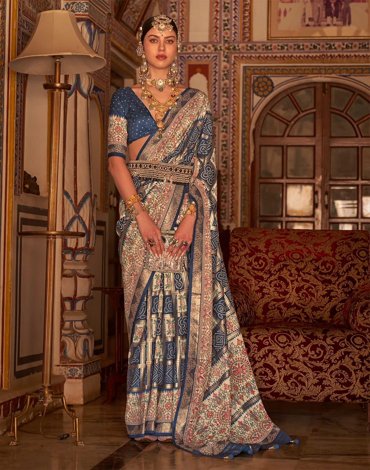 Peacock Blue Patola Silk Bandhini Print Saree