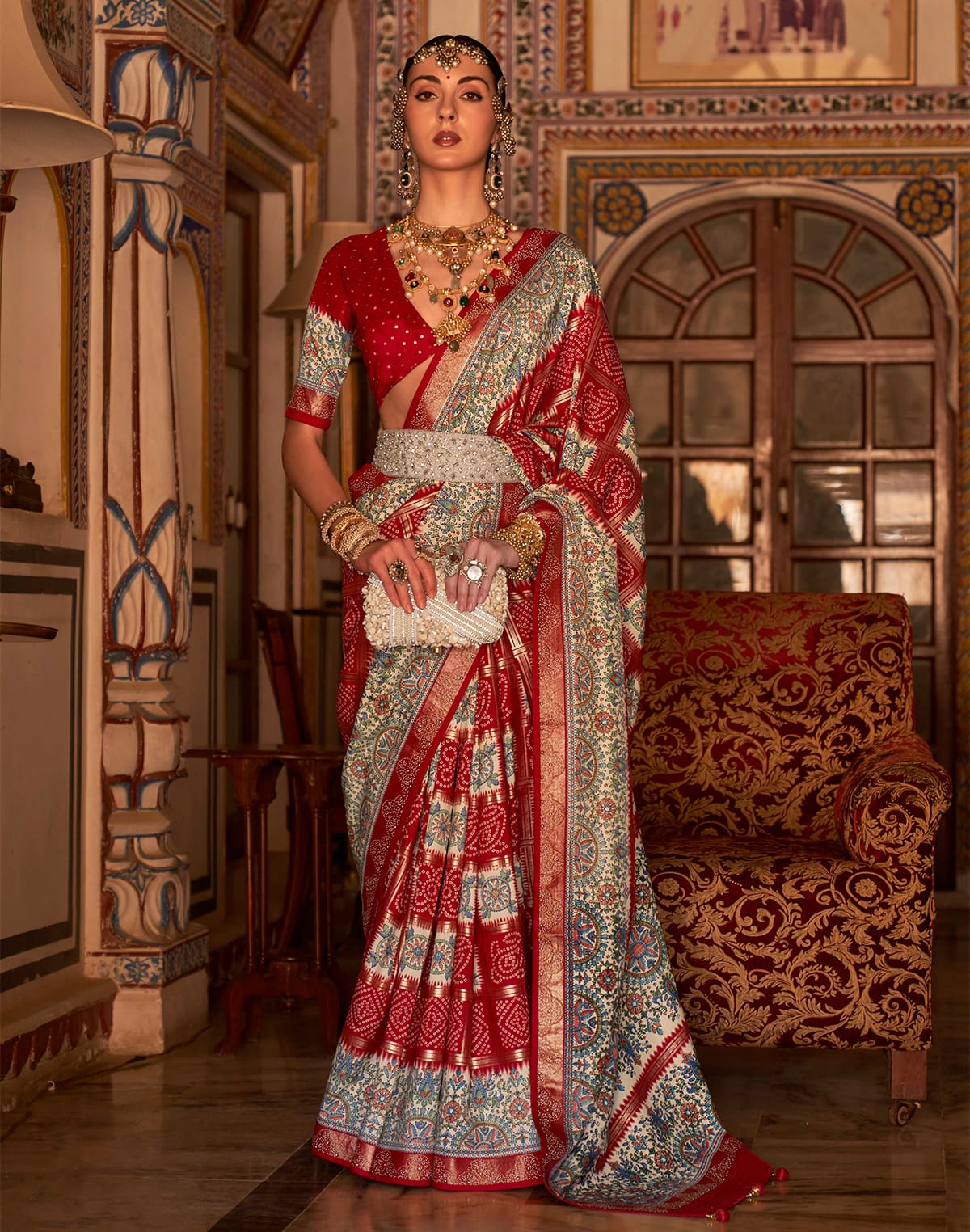 Red Patola Silk Bandhini Print Party Wear Saree