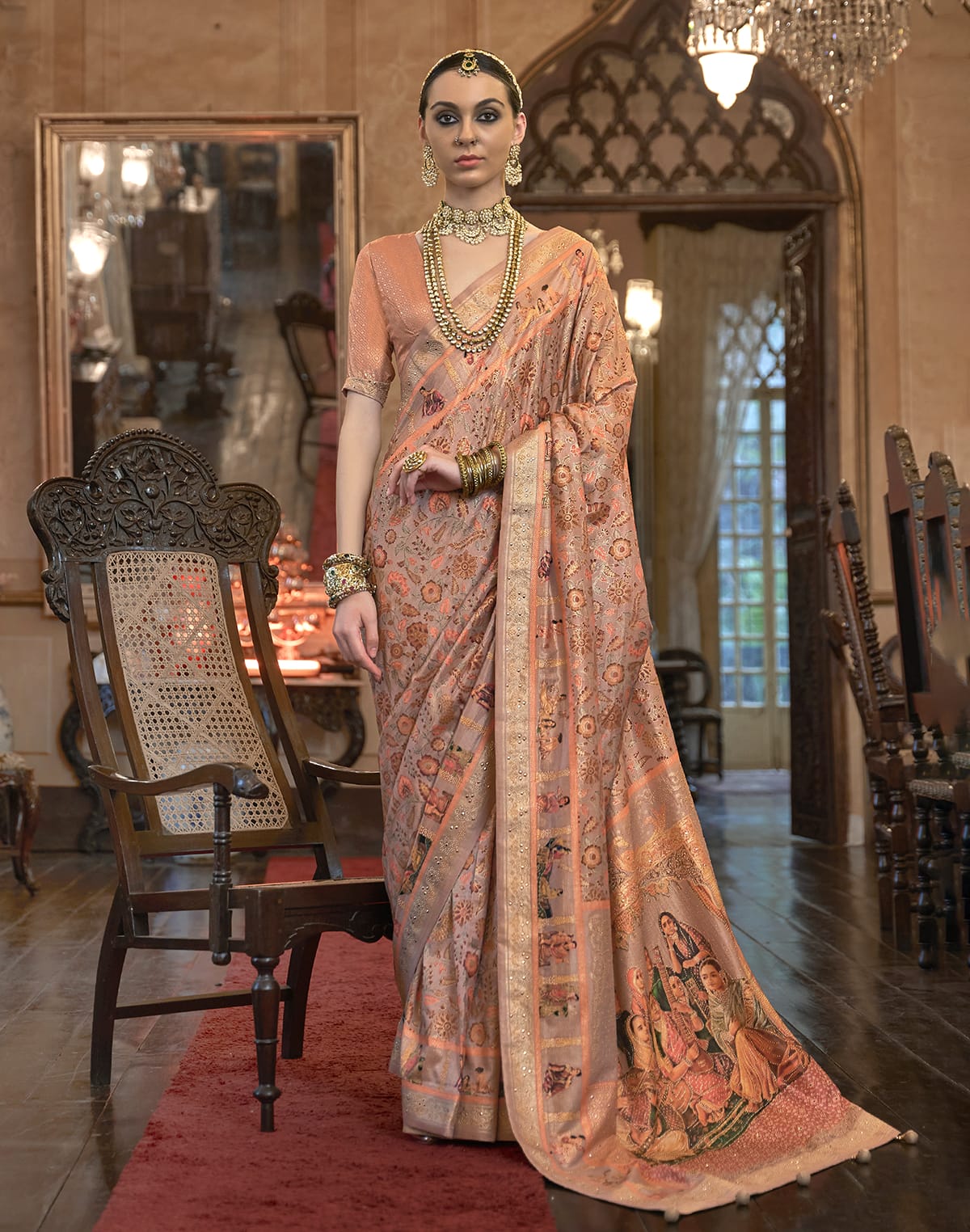 Collection of Blissful Peach Colour Floral  Mica Print Patola Saree in a gallery layout