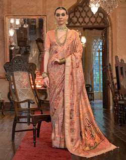 Collection of Blissful Peach Colour Floral  Mica Print Patola Saree in a gallery layout