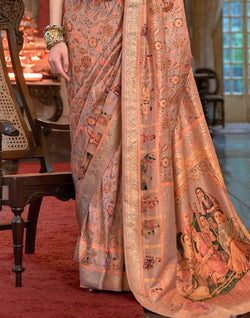 Collection of Blissful Peach Colour Floral  Mica Print Patola Saree in a gallery layout