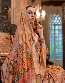 Collection of Blissful Peach Colour Floral  Mica Print Patola Saree in a gallery layout