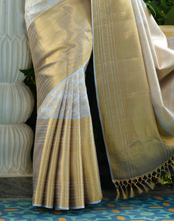 Collection of Light Grey All Over Floral Woven Design Kanjivaram Pure Silk Saree in a gallery layout