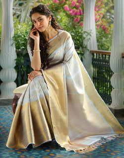 Collection of Light Grey All Over Floral Woven Design Kanjivaram Pure Silk Saree in a gallery layout