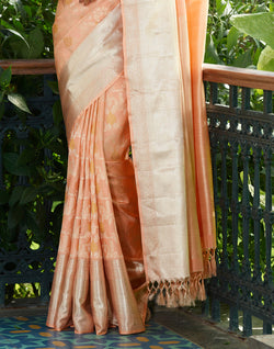 Collection of Light Orange Floral Silver and Gold Motifs Pure Silk Kanjivaram Saree in a gallery layout