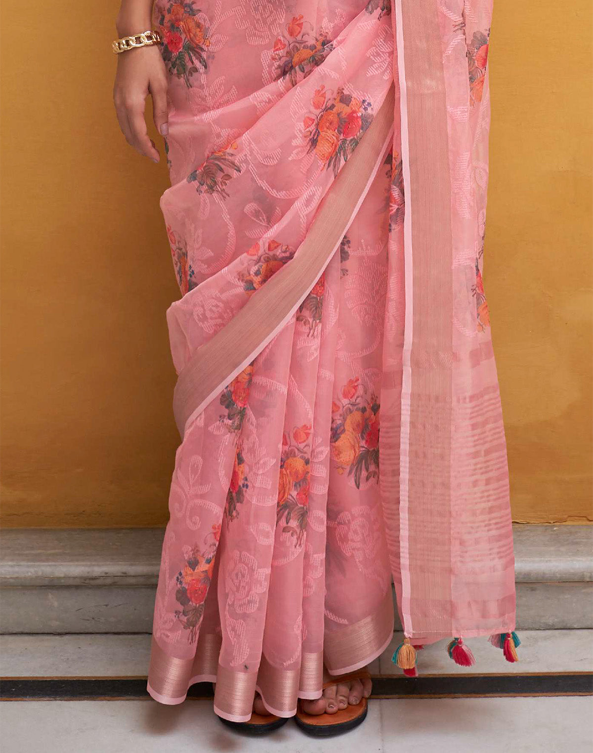 Collection of Light Pink Organza Floral Print Designer Saree in a gallery layout