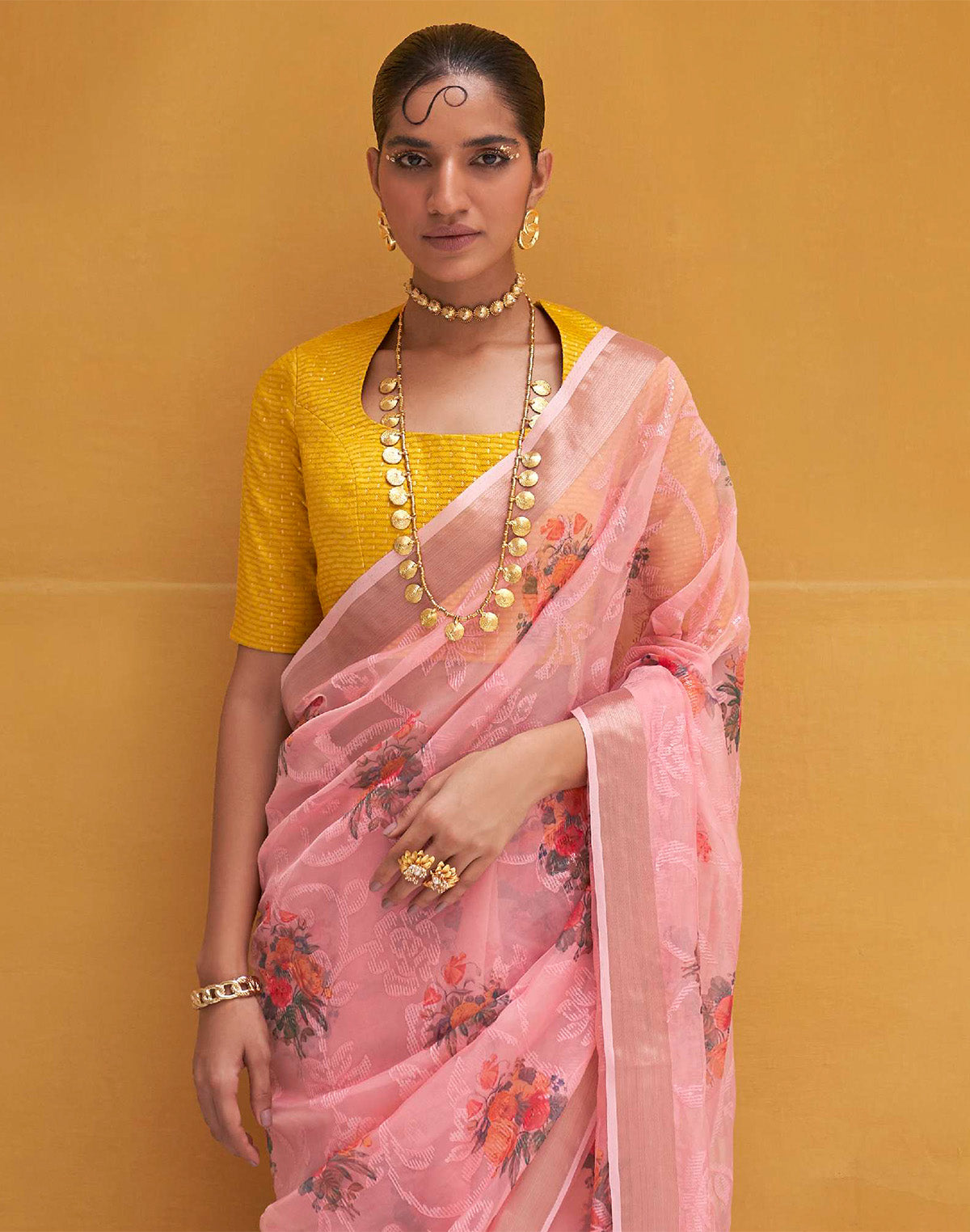 Collection of Light Pink Organza Floral Print Designer Saree in a gallery layout