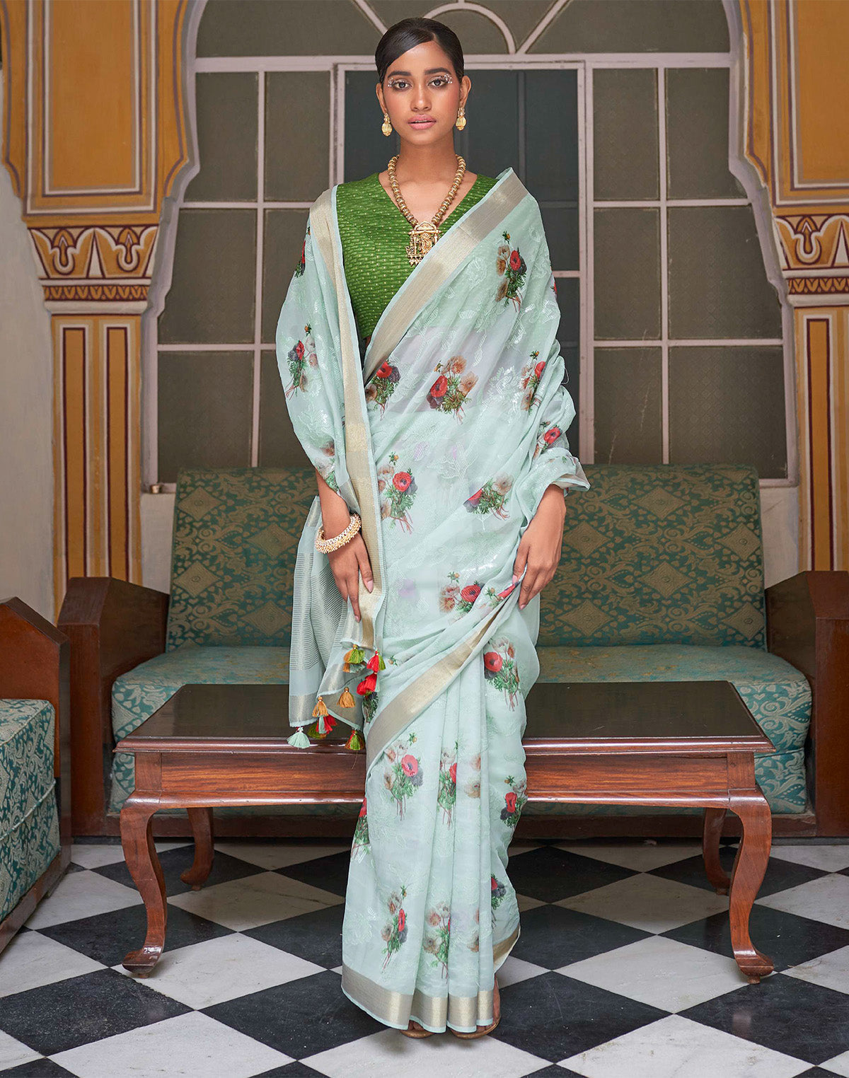 Light Blue Floral Print Organza Saree and Green Colored Blouse