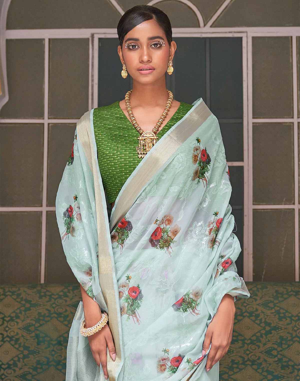 Light Blue Floral Print Organza Saree and Green Colored Blouse