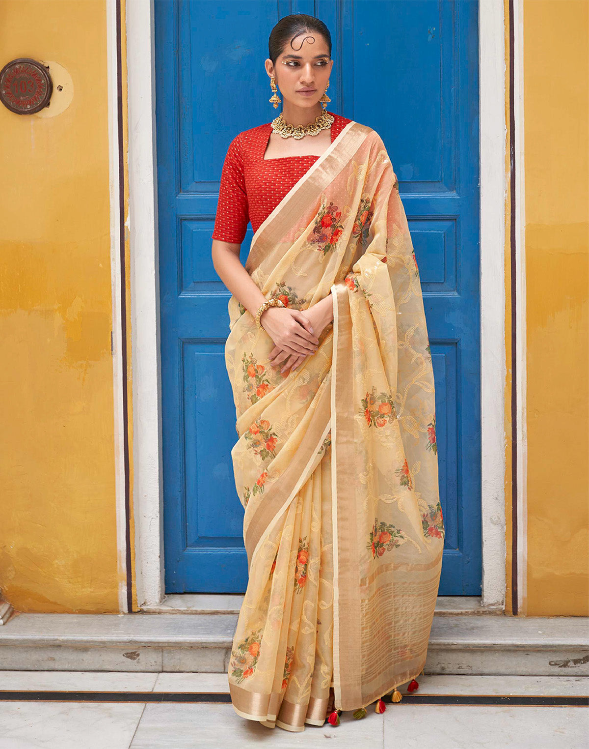 Beige and Red Digital Floral Print Organza Saree