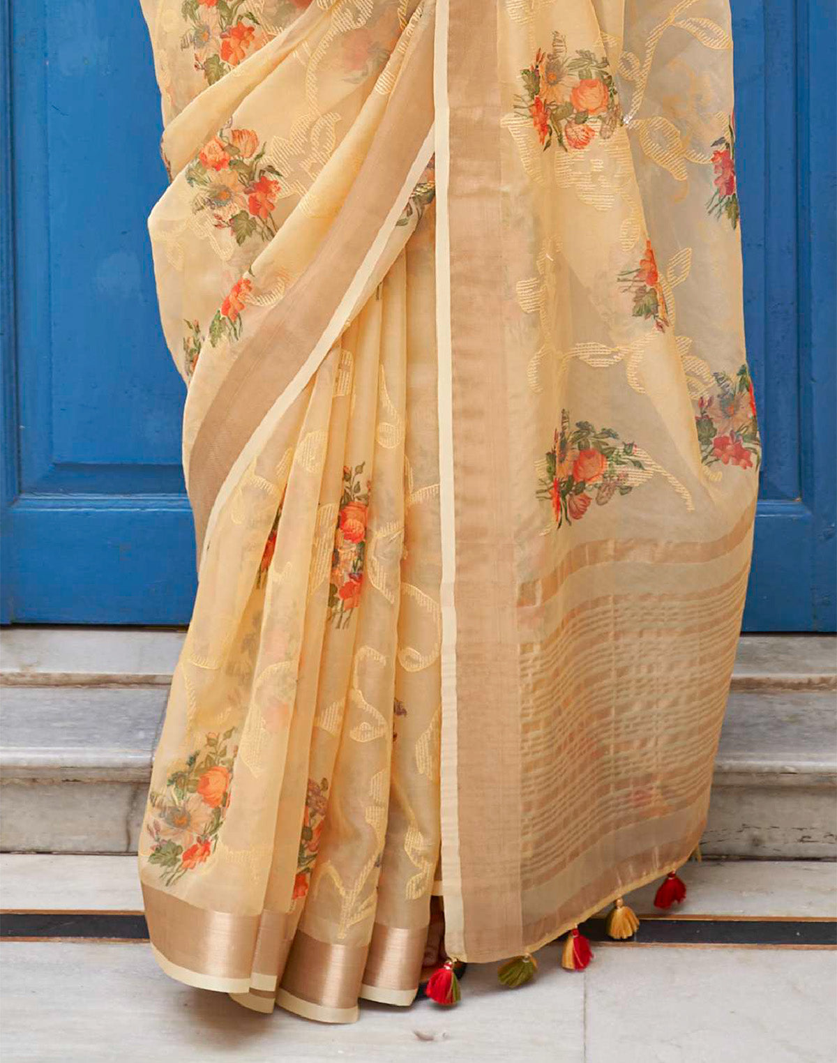 Beige and Red Digital Floral Print Organza Saree