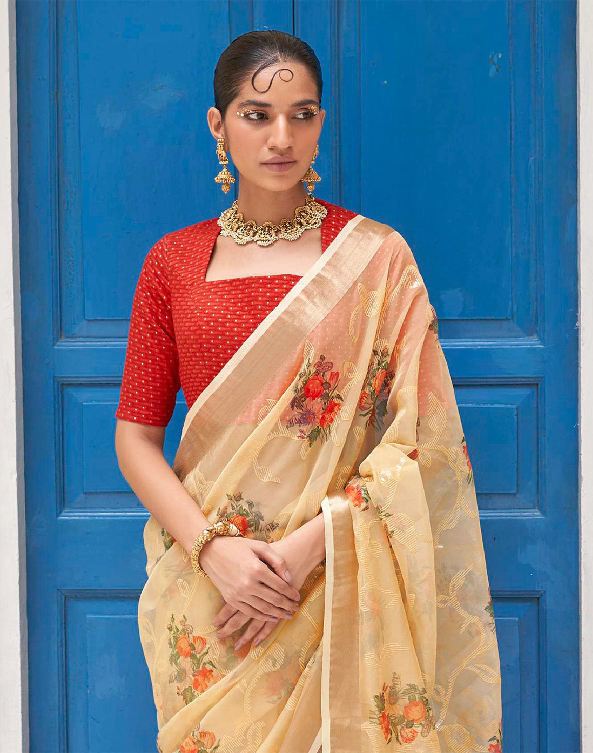 Collection of Beige and Red Digital Floral Print Organza Saree in a gallery layout