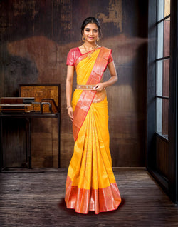 Collection of Elegant Yellow Coloured Kanchi Pattu Pure Silk Saree in a gallery layout