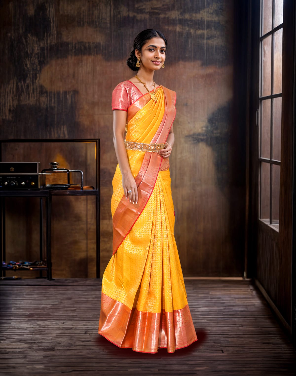 Collection of Elegant Yellow Coloured Kanchi Pattu Pure Silk Saree in a gallery layout