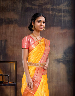 Collection of Elegant Yellow Coloured Kanchi Pattu Pure Silk Saree in a gallery layout