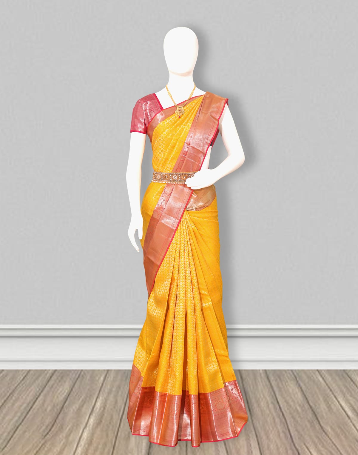 Collection of Elegant Yellow Coloured Kanchi Pattu Pure Silk Saree in a gallery layout