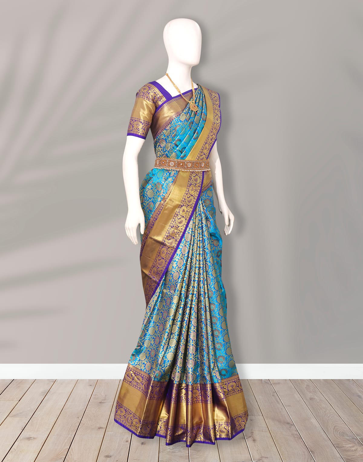 Collection of Sky Blue all over Floral Zari sku border Saree in a gallery layout