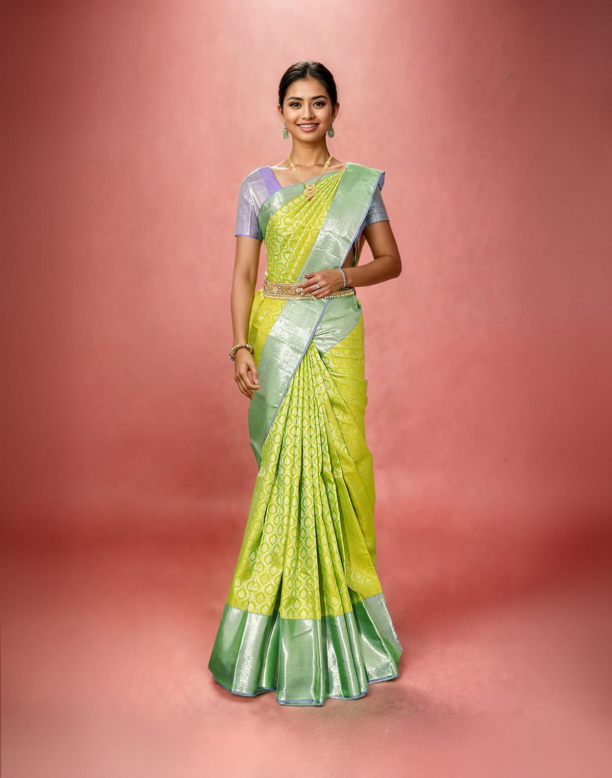 Collection of Light Parrot Green Floral Zari Contrast Saree in a gallery layout