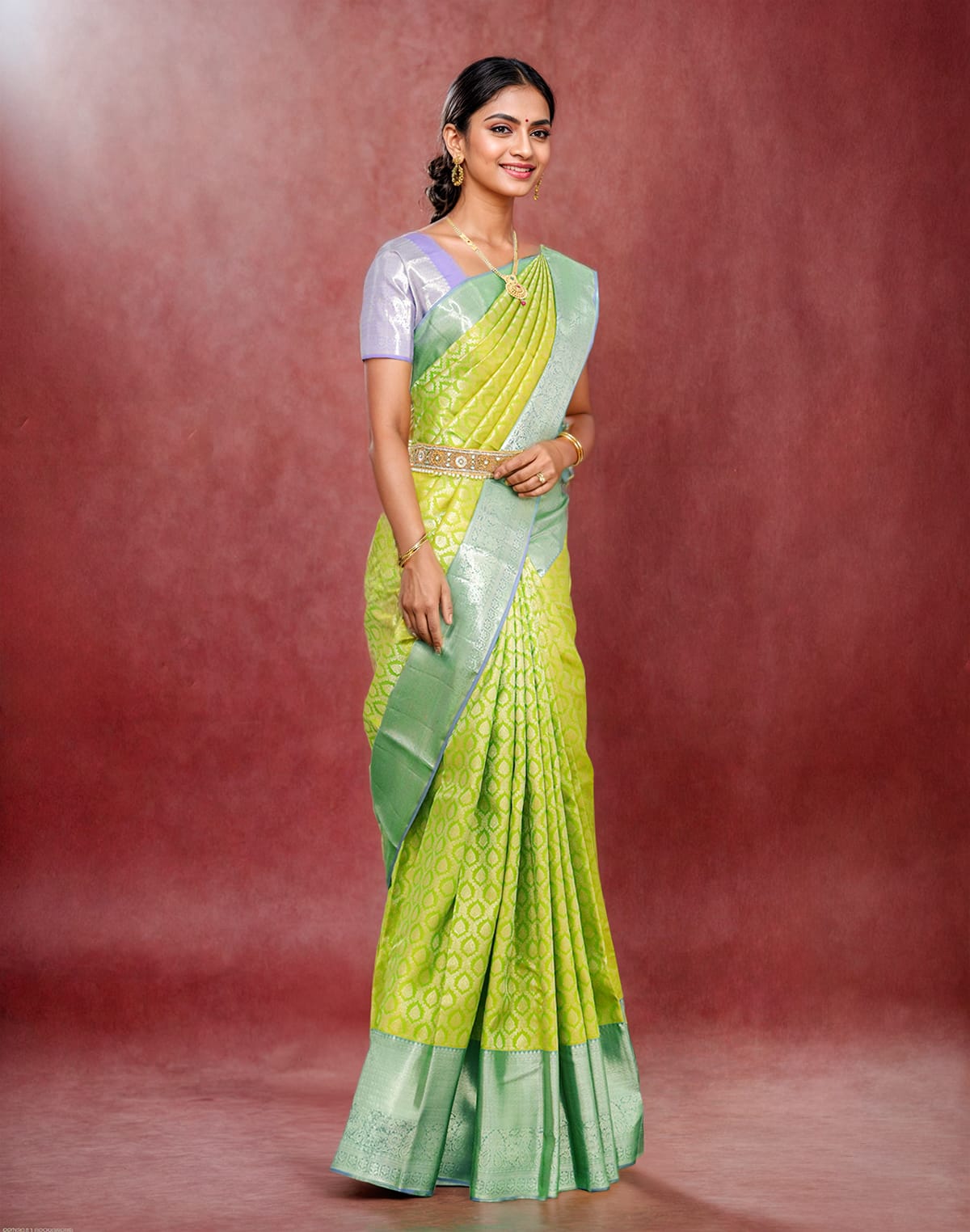 Collection of Light Parrot Green Floral Zari Contrast Saree in a gallery layout