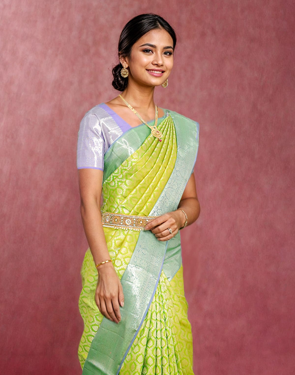 Collection of Light Parrot Green Floral Zari Contrast Saree in a gallery layout