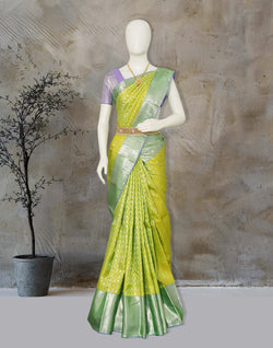 Collection of Light Parrot Green Floral Zari Contrast Saree in a gallery layout