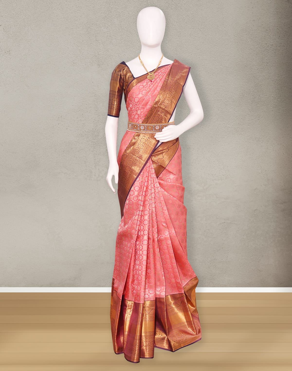 Collection of Attractive Peach Copper Zari skut border Saree in a gallery layout