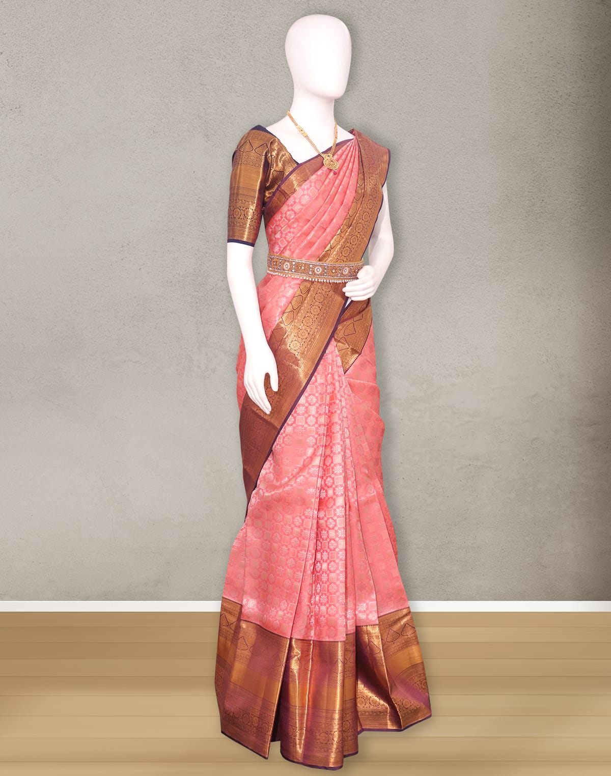 Collection of Attractive Peach Copper Zari skut border Saree in a gallery layout