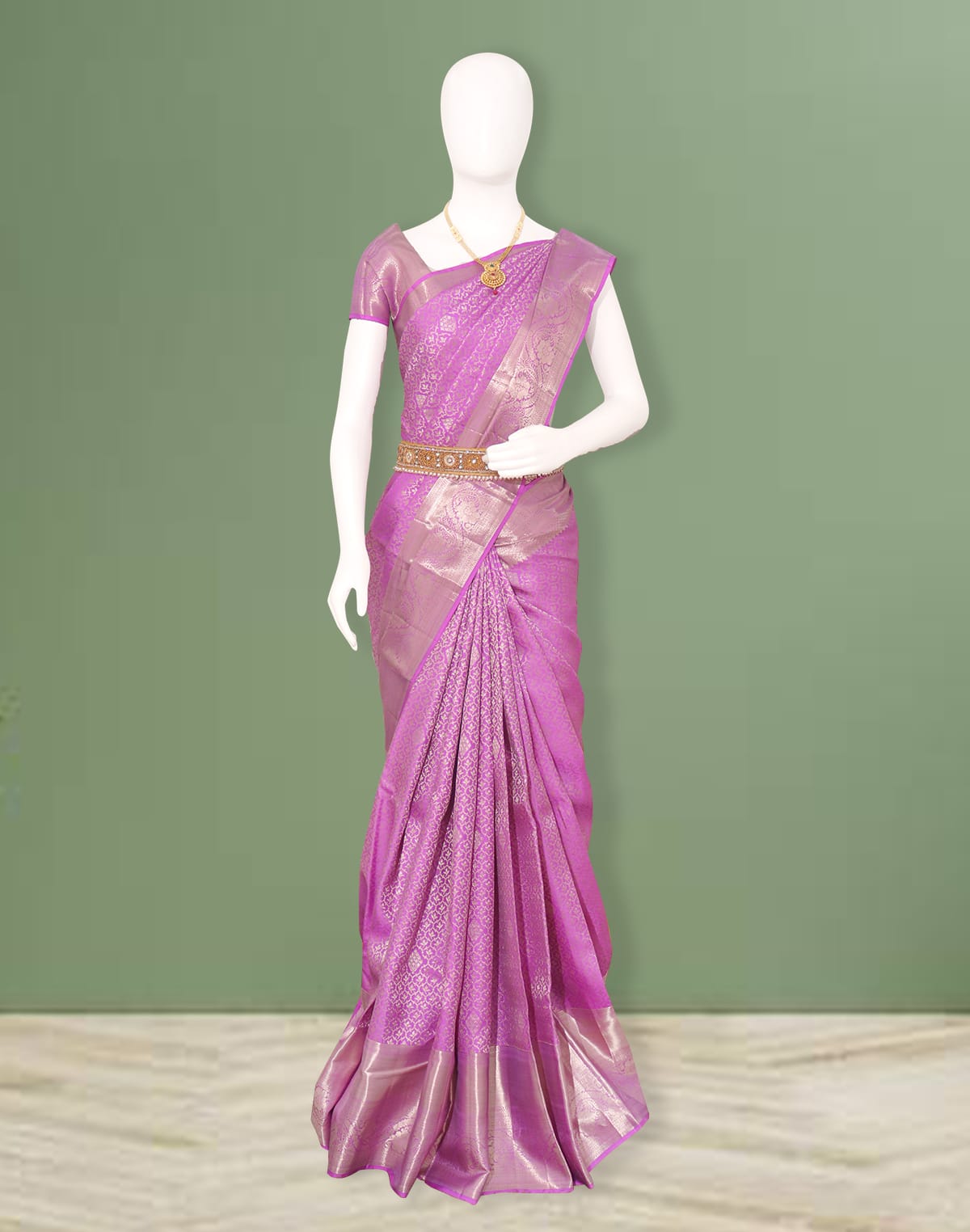 Lavender Coloured Floral Silver Zari Self Border Saree