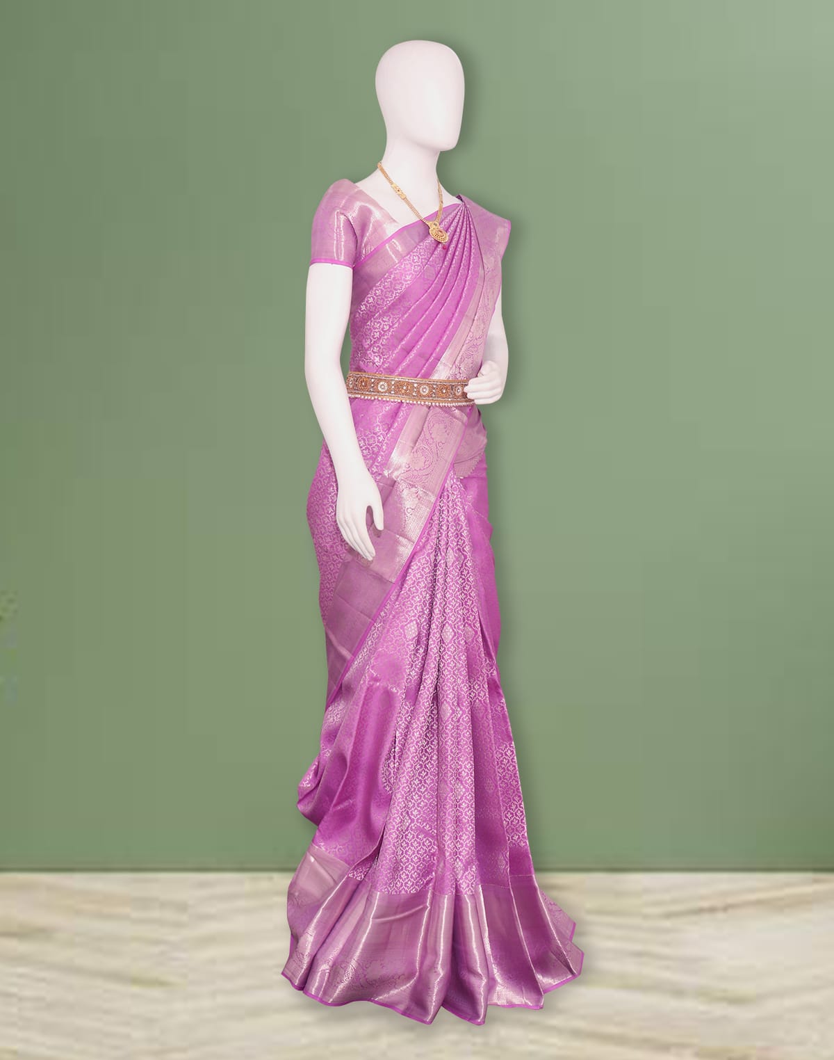 Collection of Lavender Coloured Floral Silver Zari Self Border Saree in a gallery layout