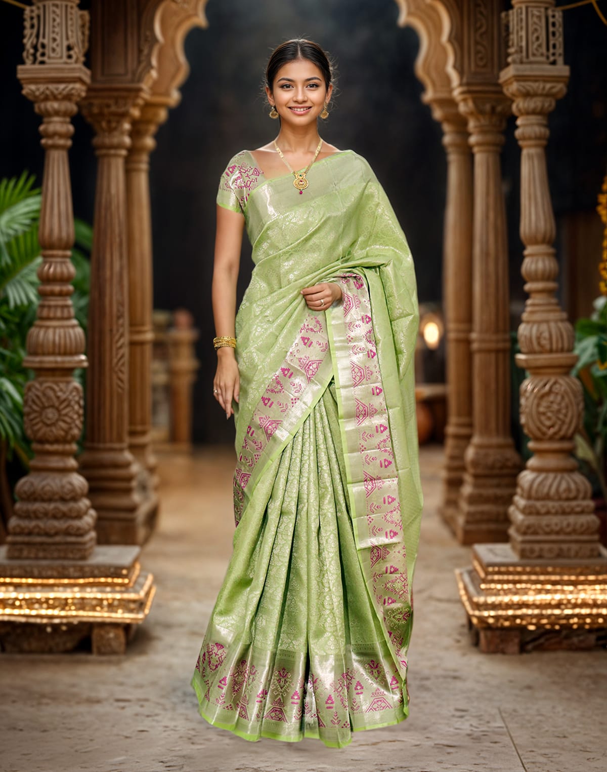 Pista Green all over Silver Zari Meenakari with Self Border Saree