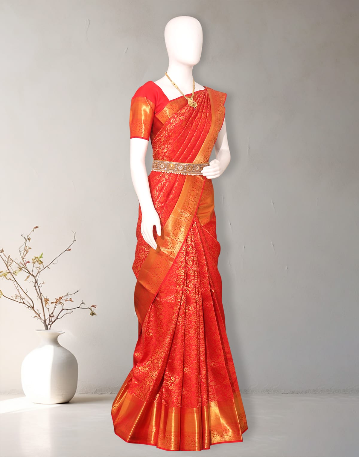 Dark Red Floral Golden Zari Self Saree