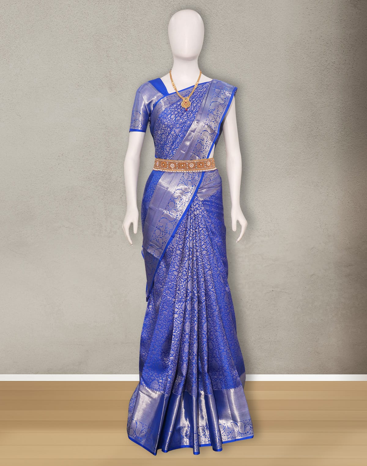 Royal Blue Floral design Silver Zari Self Border Saree