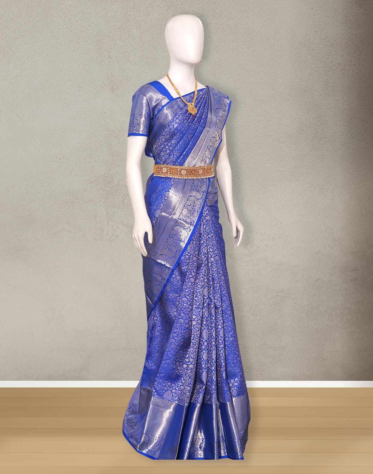 Royal Blue Floral design Silver Zari Self Border Saree