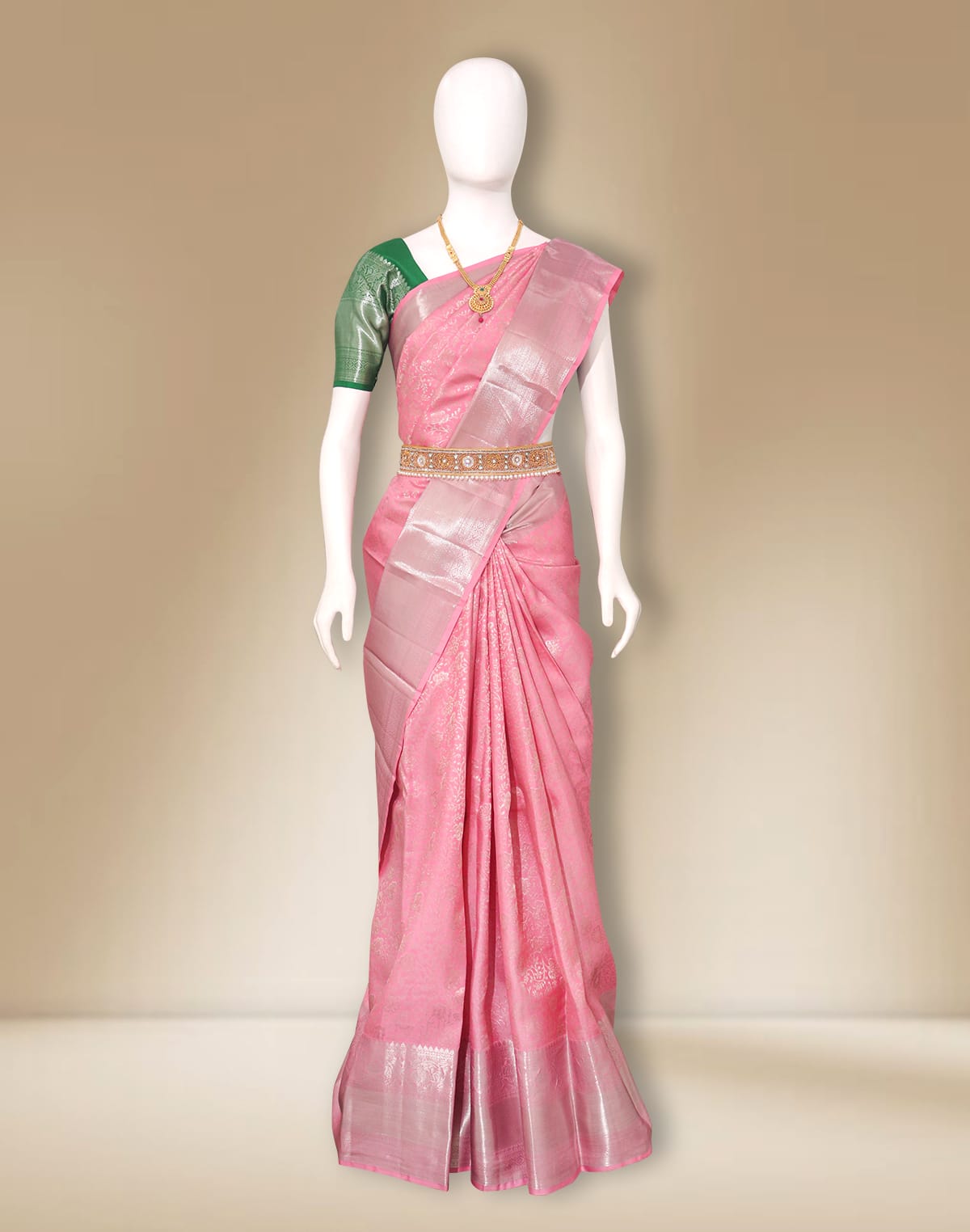 Collection of Beautiful Baby Pink Floral Silver Zari Self skut Border Saree in a gallery layout