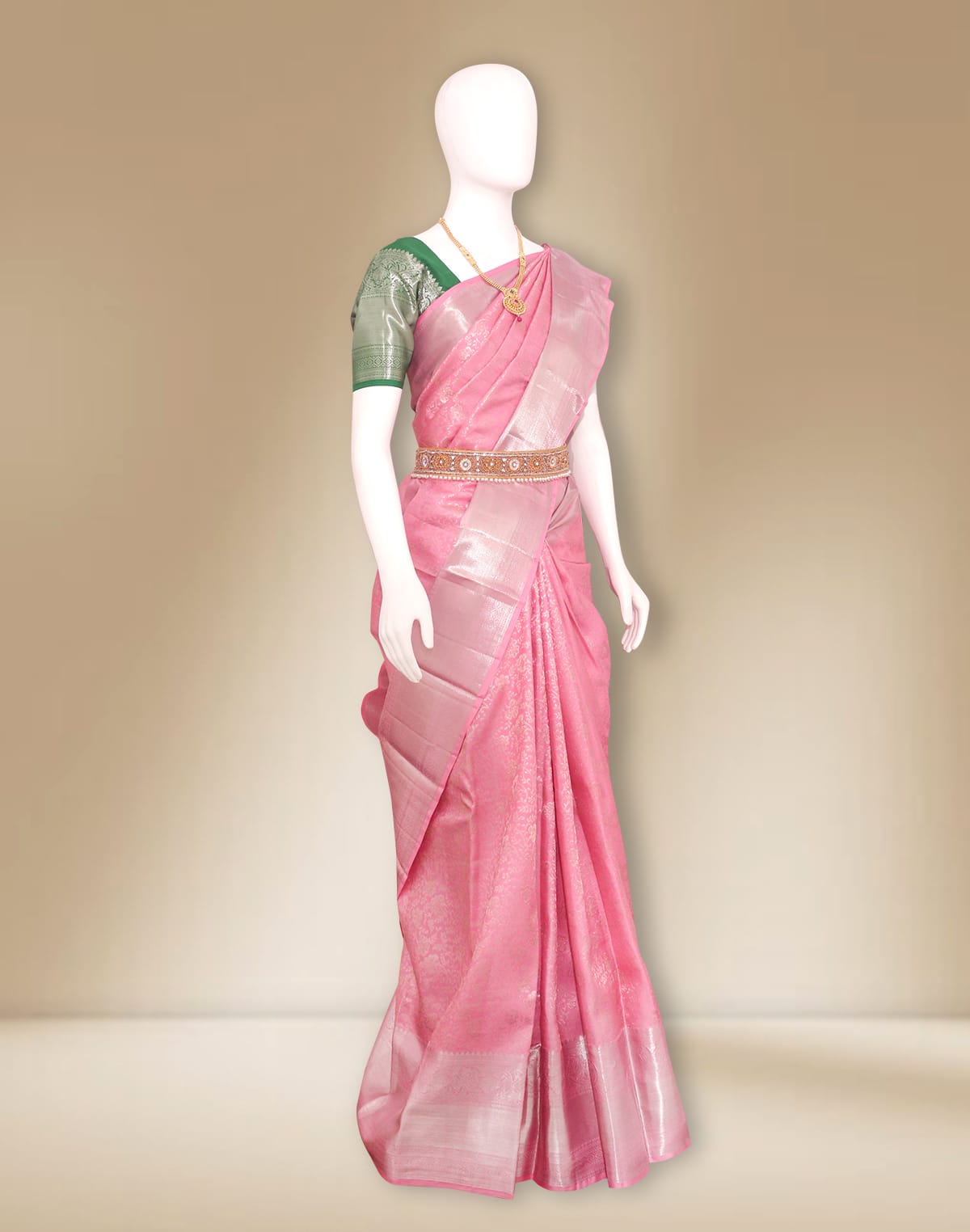 Collection of Beautiful Baby Pink Floral Silver Zari Self skut Border Saree in a gallery layout