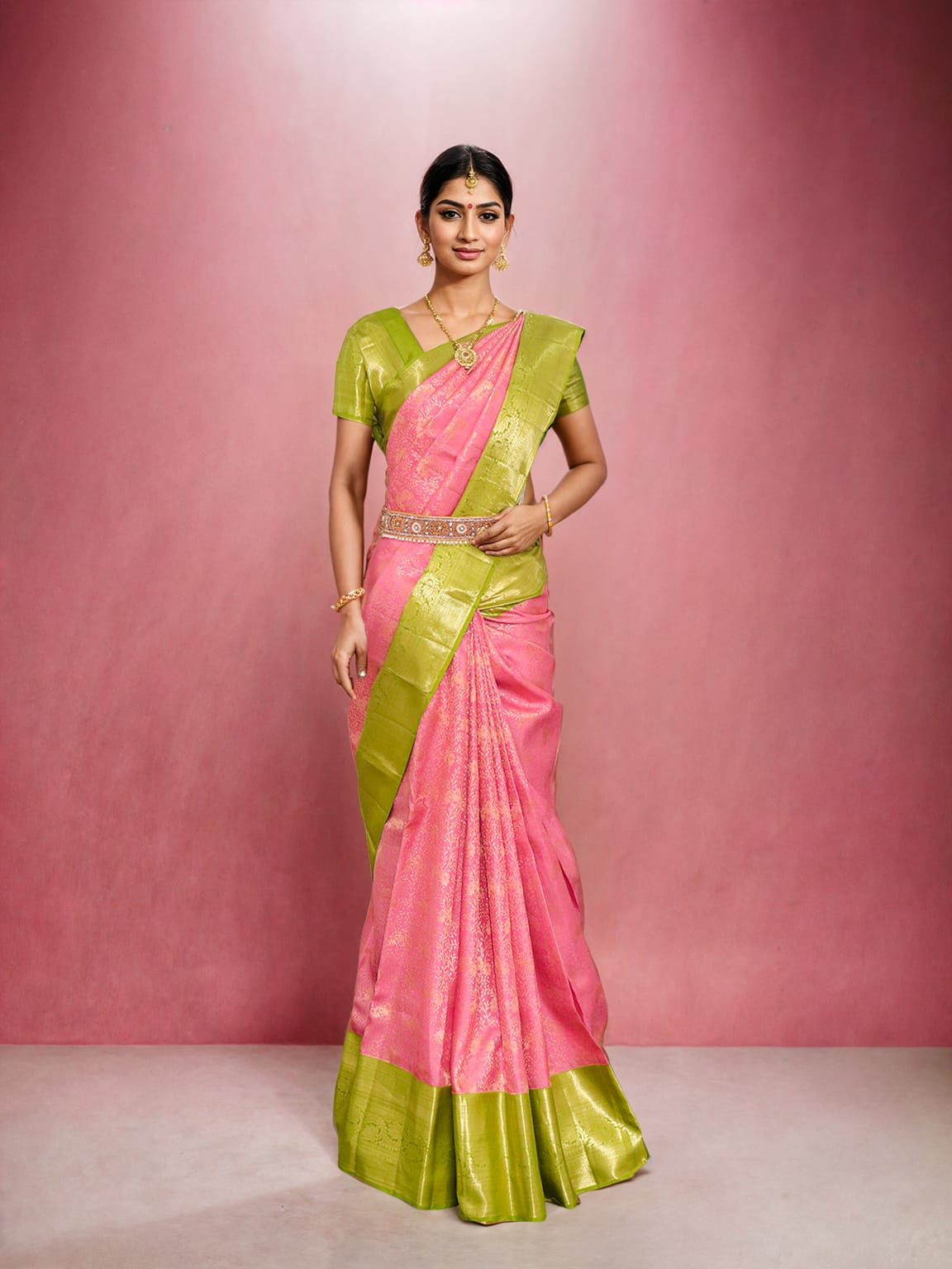 Collection of Elegant Light Pink Kanchi Pattu Pure Silk Saree with Contrast Border in a gallery layout