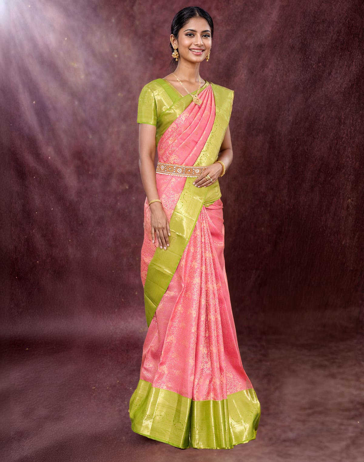 Collection of Elegant Light Pink Kanchi Pattu Pure Silk Saree with Contrast Border in a gallery layout